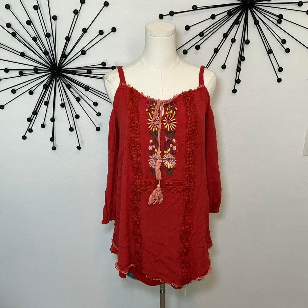 Marabelle Embroidered Cold Shoulder Boho Tunic Top Tassel Floral Size L
